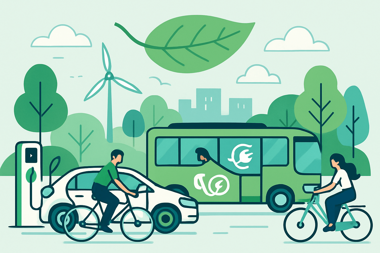 A modern illustration of sustainable mobility featuring electric vehicles bicycles and green transportation elements with clean lines and ecofriendly